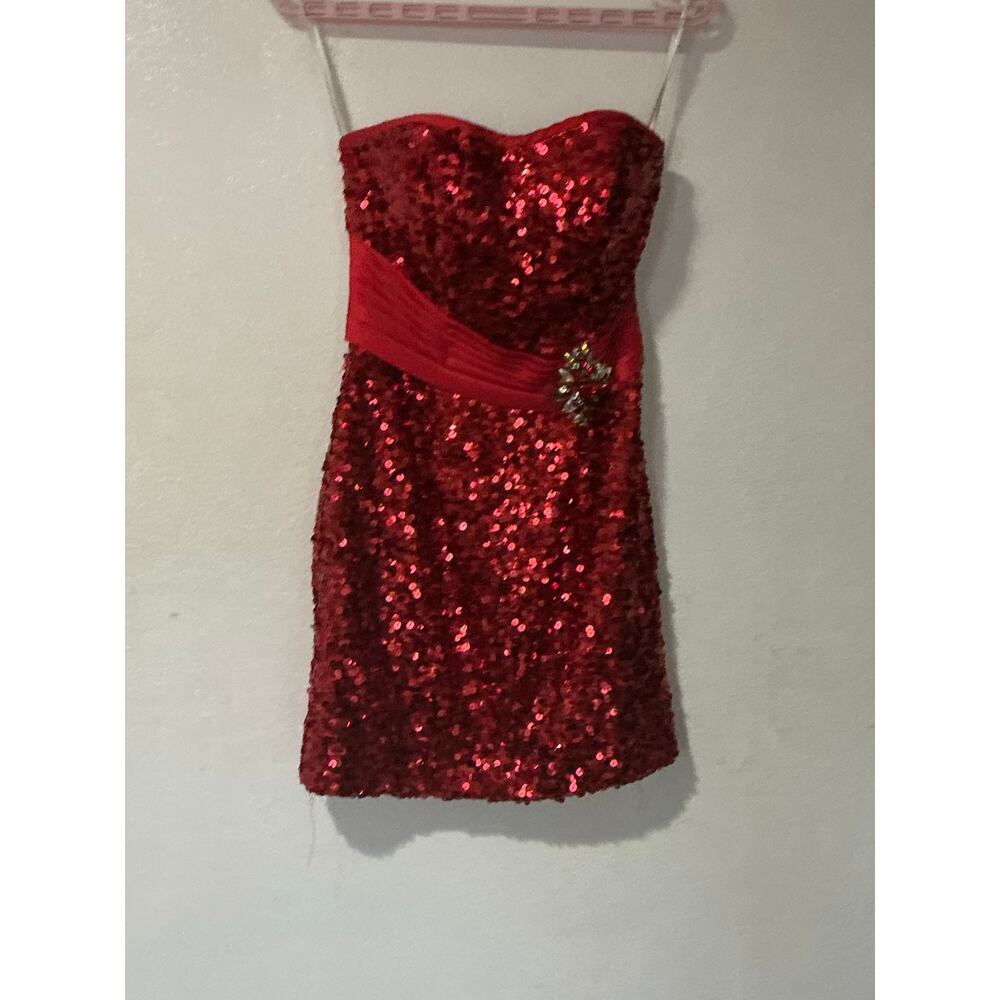 Hannah S 100% Silk Red Sequin Strapless Cocktail Dress Size 4